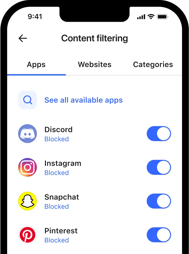Phone featuring Aura's content filtering blocking apps. Text: Content filtering. Apps. Websites. Categories. See all available apps. Discord - blocked. Instagram - blocked. Snapchat - blocked. Pinterest - blocked. 